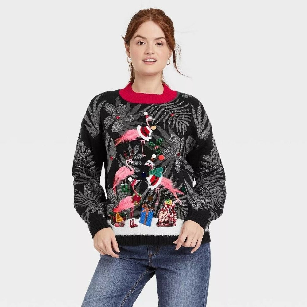 33 Degrees Women's Ugly Christmas Flamingo Tree Graphic Pullover Sweater Size M